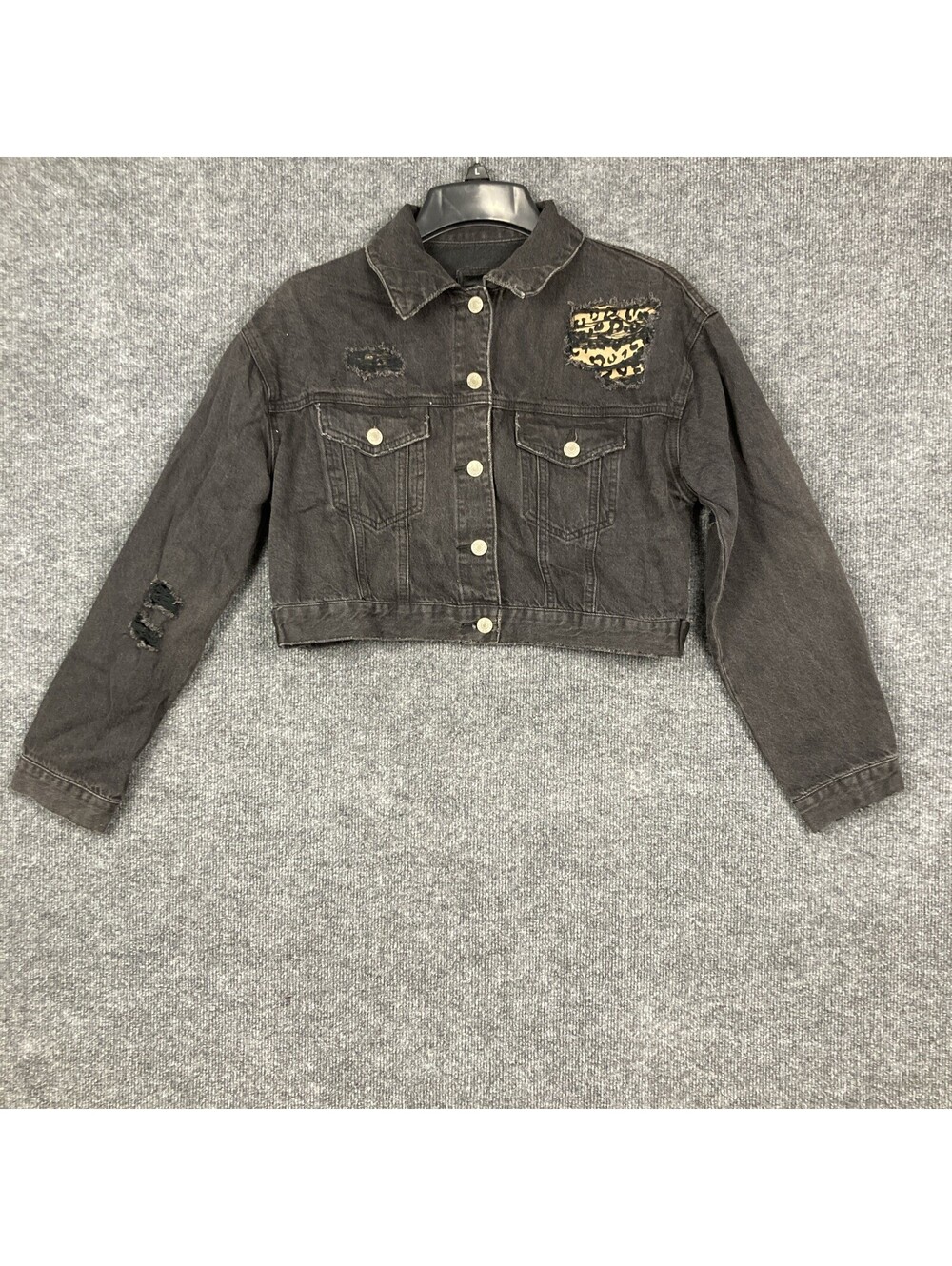 Forever 21 Womens Small Cropped Black Distressed Denim Jean Jacket NEW!